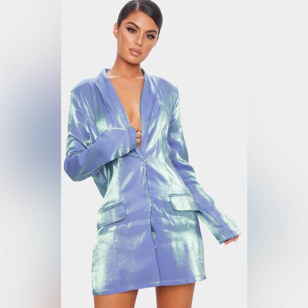 Blue Iridescent Long Sleeve Blazer Dress